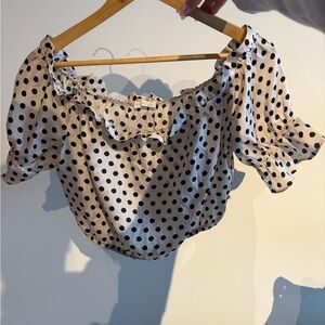 Kookai Cream and Black Polka Dot Off-Shoulder Crop Top
